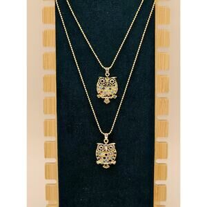 Stunning Owl Charm Necklace Blue Multicolor CZ Micro Ball Chain 16 in